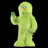Silly Puppets - Silly Puppets Monster, Green (30") plush with bright green fur, orange nose, and blue eyebrows holding a stick by Silly Puppets