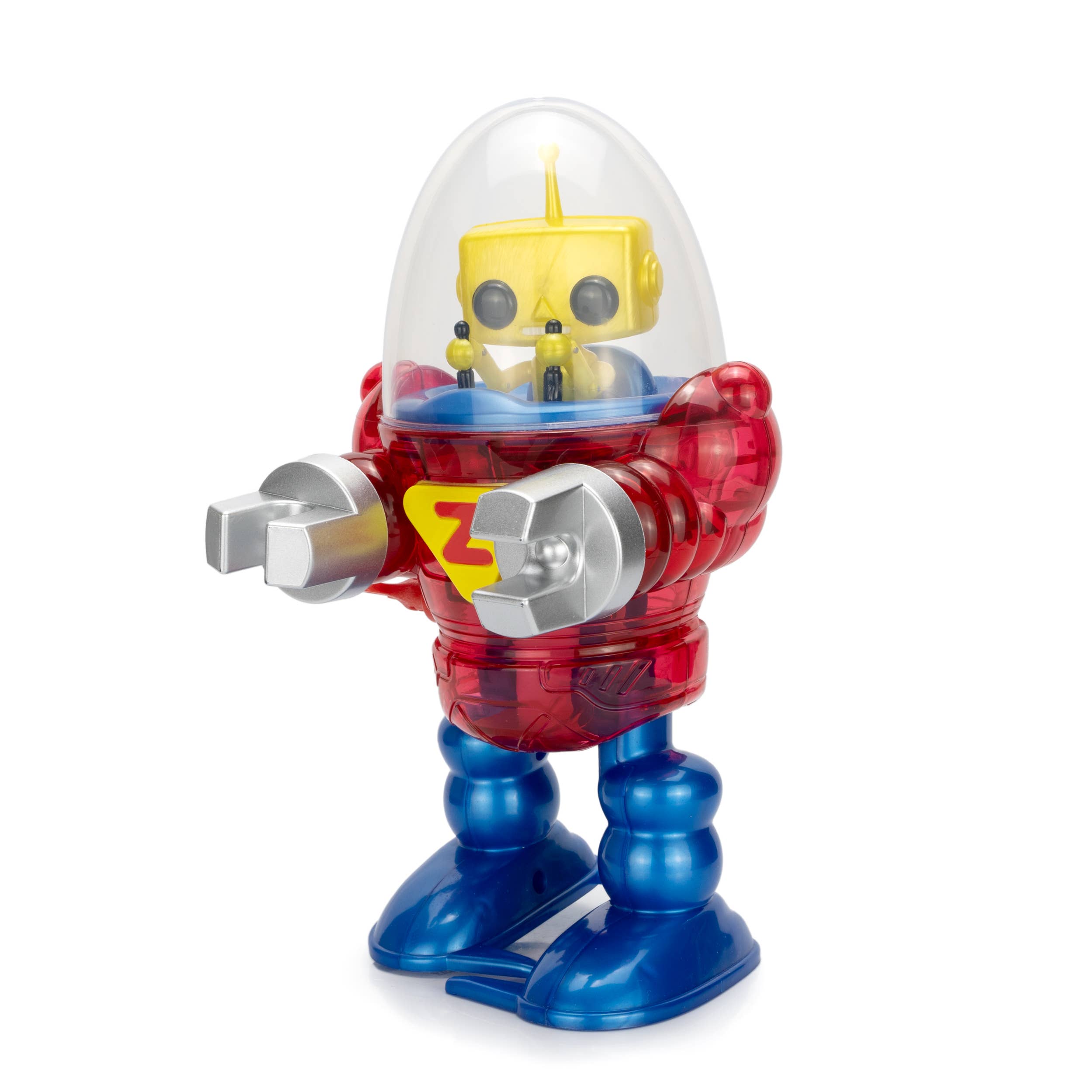 California Creations - Z Classics Robot, Merlin with translucent red body, blue legs, and yellow head under clear dome capsule