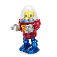 California Creations - Z Classics Robot, Merlin with translucent red body, blue legs, and yellow head under clear dome capsule