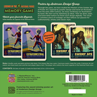 Legends of the National Parks Memory Game packaging by Master Pieces showing illustrated cards of Extraterrestrial and Swamp Ape posters