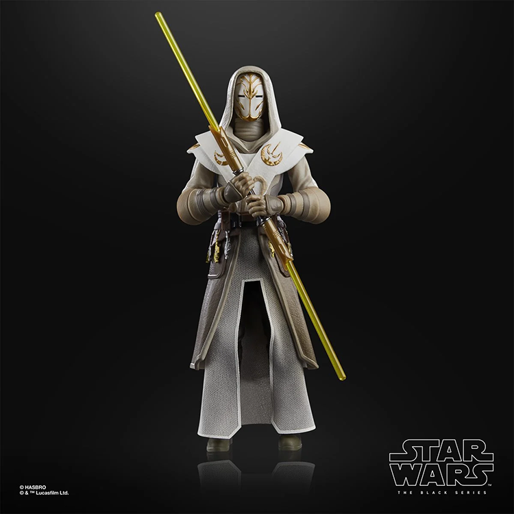 Hasbro Star Wars Black Series Jedi Temple Guard 6-inch action figure holding double yellow lightsaber on black background