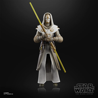 Hasbro Star Wars Black Series Jedi Temple Guard 6-inch action figure holding double yellow lightsaber on black background