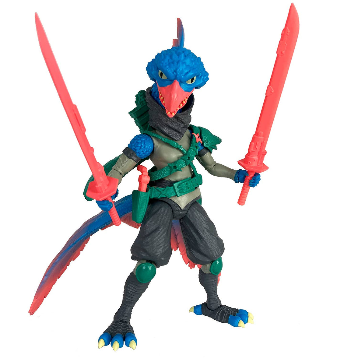Pava Pergia Saurozoic Warriors action figure, a 6-inch scale Ninja Archaeopteryx. This feathered dinosaur warrior features teal and grey plumage, a black ninja mask, and holds two red tech-swords. 1:12 scale collectible from Boss Fight Studio