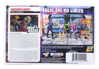 Toy figure packaging with characters and text on a white background