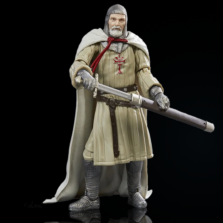 Hasbro Indiana Jones Grail Knight figure in detailed medieval armor holding a long weapon with cloak and chainmail
