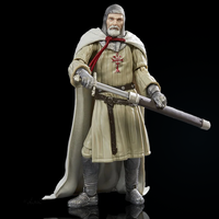 Hasbro Indiana Jones Grail Knight figure in detailed medieval armor holding a long weapon with cloak and chainmail