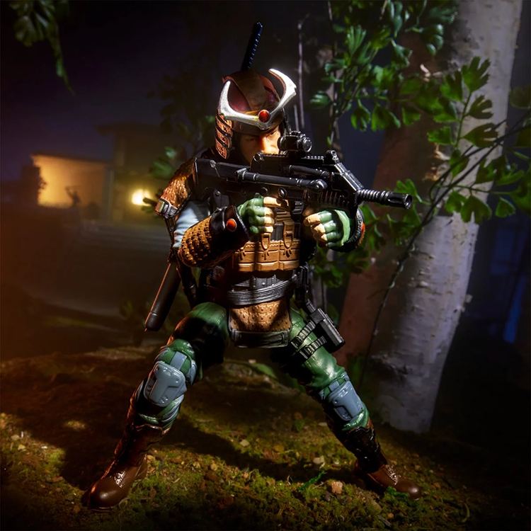 Kyle Budo G.I. Joe Classified Series 1:12 action figure by Hasbro in samurai armor aiming rifle outdoors at night