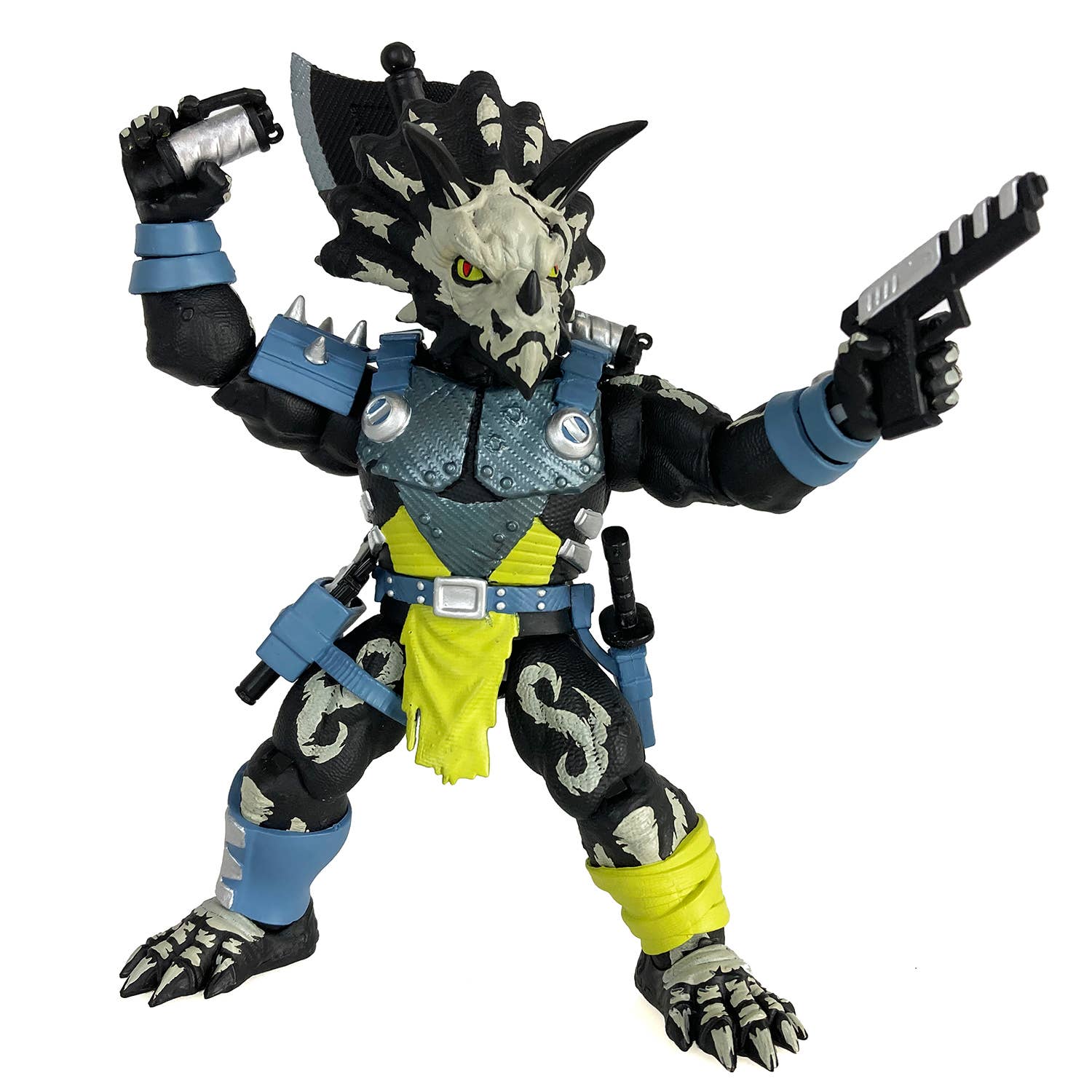 Triax Skiver Night Lands Edition action figure, a 1/12 scale Styracosaurus-inspired warrior in glow-in-the-dark green and black camo. Part of the Saurozoic Warriors collection, featuring a halberd axe, blaster pistols, and smoke grenades.