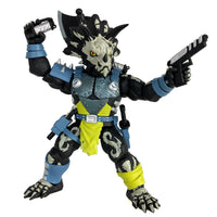 Triax Skiver Night Lands Edition action figure, a 1/12 scale Styracosaurus-inspired warrior in glow-in-the-dark green and black camo. Part of the Saurozoic Warriors collection, featuring a halberd axe, blaster pistols, and smoke grenades.