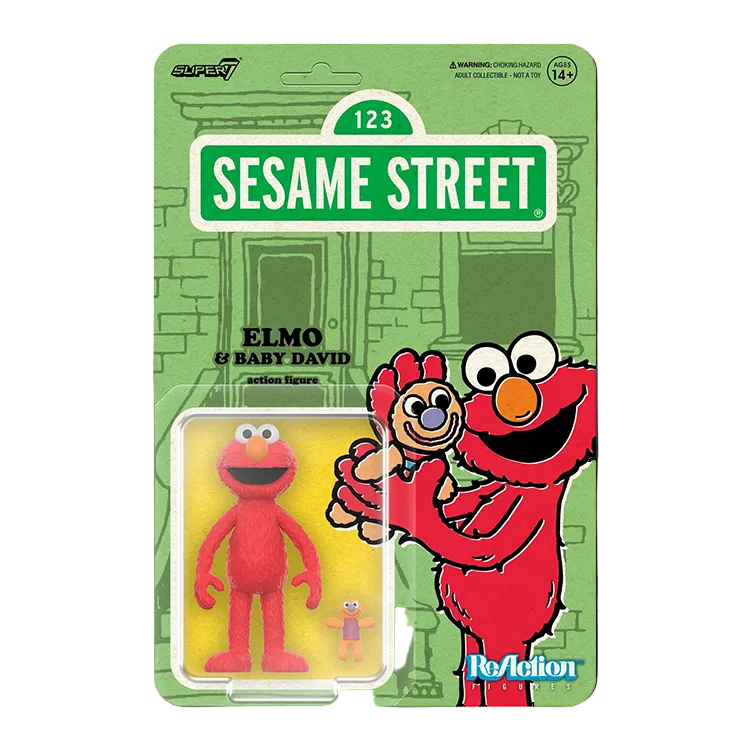 Super7 Sesame Street Elmo and Baby David action figures in collectible green display packaging with character illustration