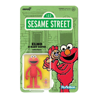 Super7 Sesame Street Elmo and Baby David action figures in collectible green display packaging with character illustration