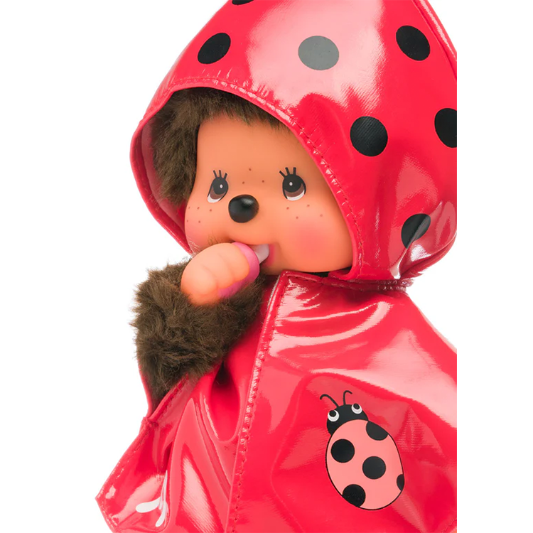 Official Sekiguchi 8-inch Monchhichi Girl doll in a Ladybug coat costume, often searched as a Monchichi ladybug plush.