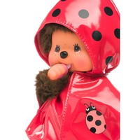 Official Sekiguchi 8-inch Monchhichi Girl doll in a Ladybug coat costume, often searched as a Monchichi ladybug plush.