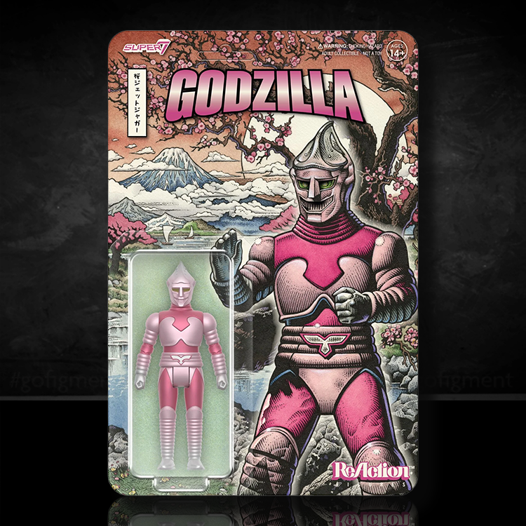 Super7 Jet Jaguar '54 Cherry Blossom Festival ReAction figure in pink packaging with mountain and cherry blossom art backdrop