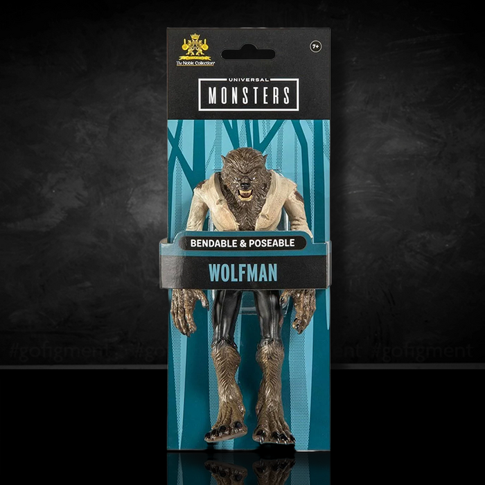 The Noble Collection Universal Monsters Wolf-Man 5.5-inch bendable figure in packaging against dark background
