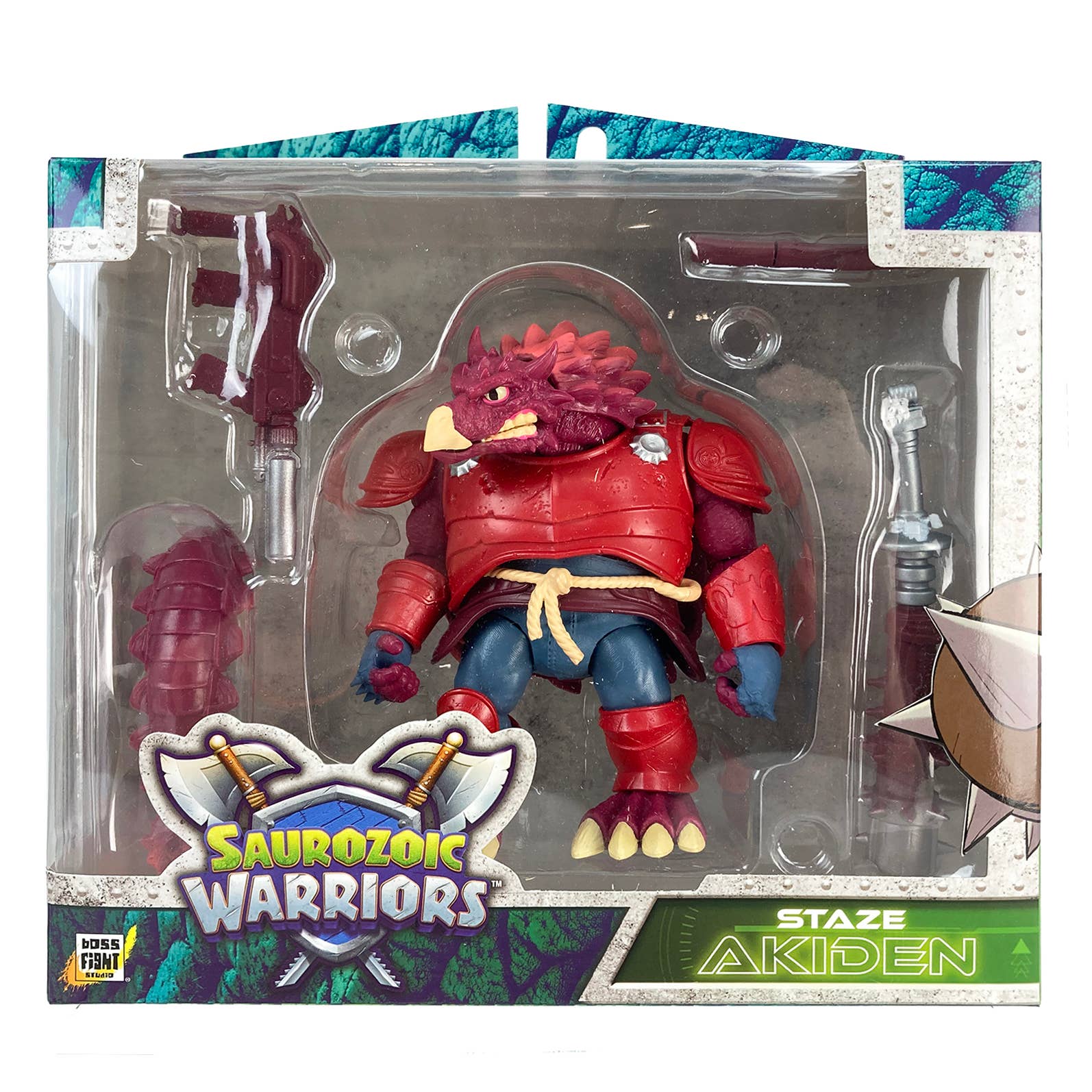 Staze Akiden Saurozoic Warriors action figure, a 1/12 scale Samurai Ankylosaur. The maroon-armored dinosaur warrior is shown in a Ronin-inspired outfit holding a large spiked club. 6-inch scale collectible by Boss Fight Studio.