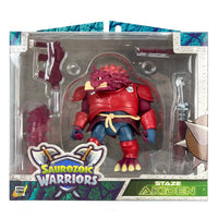 Staze Akiden Saurozoic Warriors action figure, a 1/12 scale Samurai Ankylosaur. The maroon-armored dinosaur warrior is shown in a Ronin-inspired outfit holding a large spiked club. 6-inch scale collectible by Boss Fight Studio.