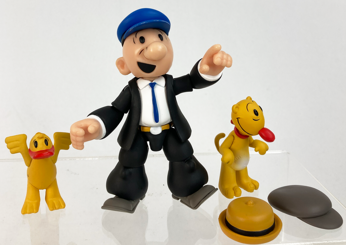 Boss Fight Studio Llc Castor Oyl figure in suit with Bernice the Whiffle Hen and Eugene the Jeep on clear display stand
