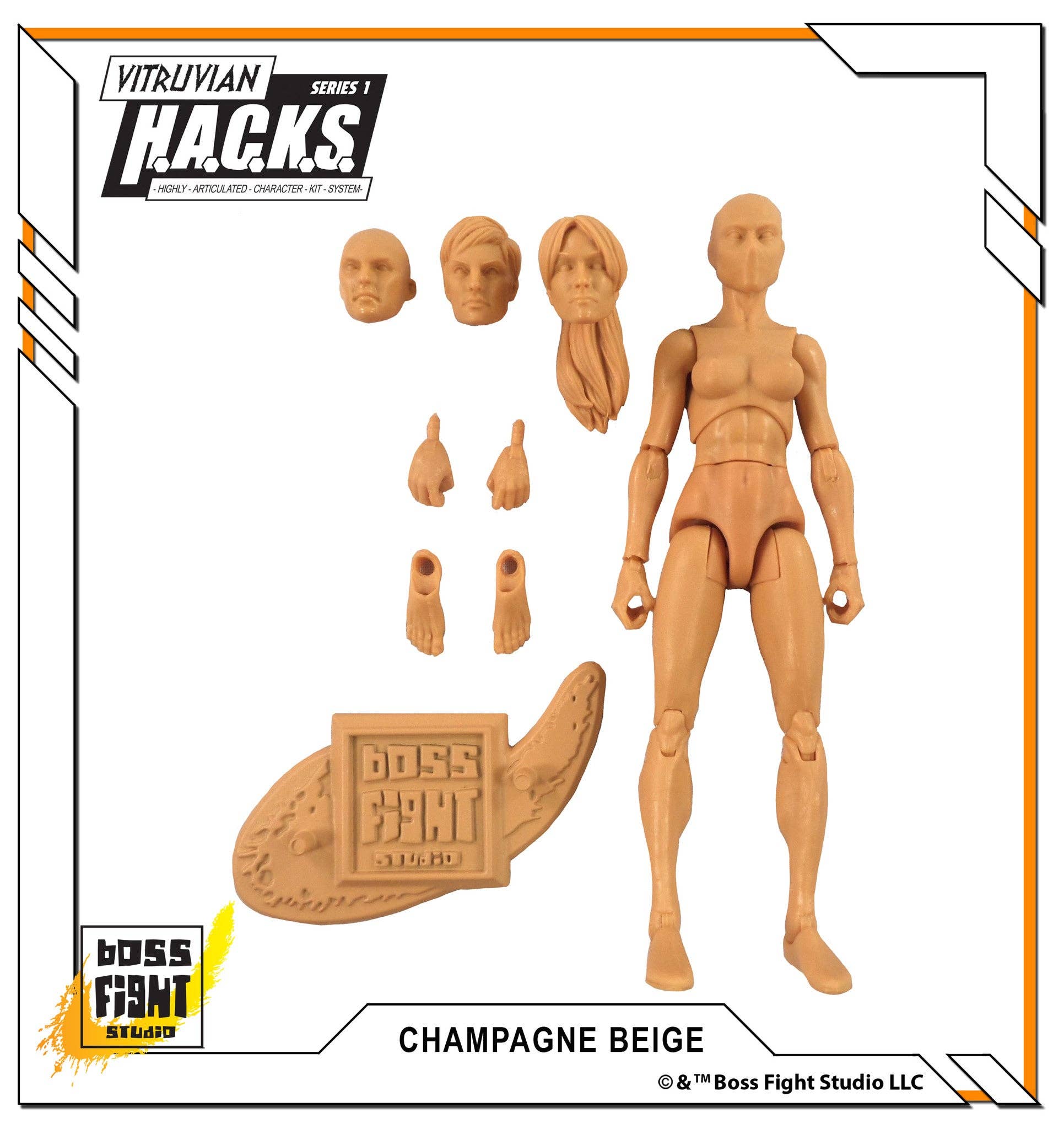 Unpainted articulated female figure in champagne beige with three interchangeable heads, extra hands, and a textured display base