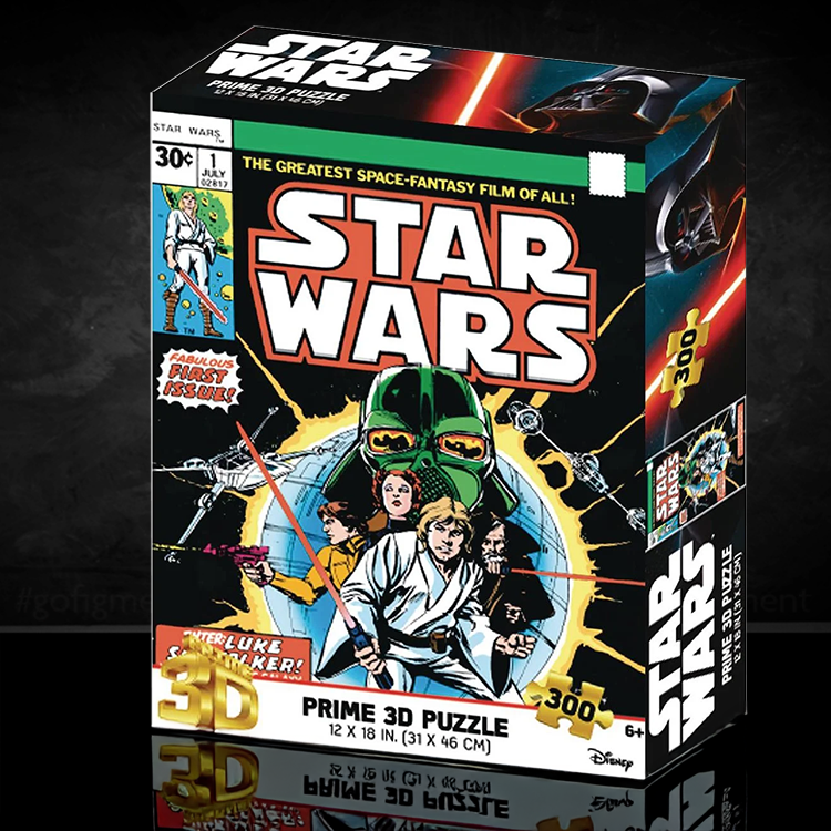 Prime 3d Star Wars puzzle box featuring vintage comic cover art with characters and 300-piece count details
