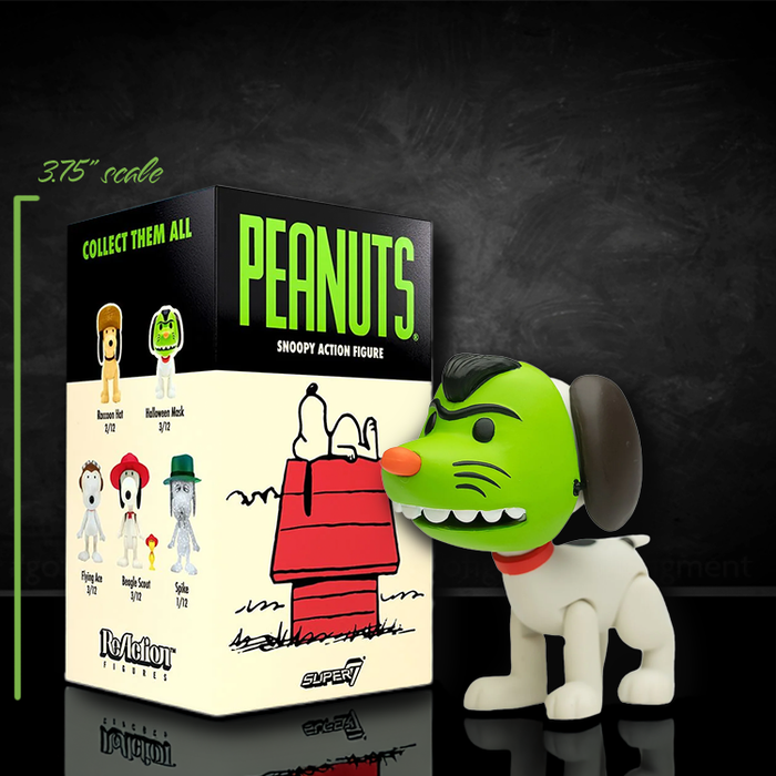Super7 Peanuts Halloween Snoopy 3.75 inch action figure with green mask and original box displayed on black background