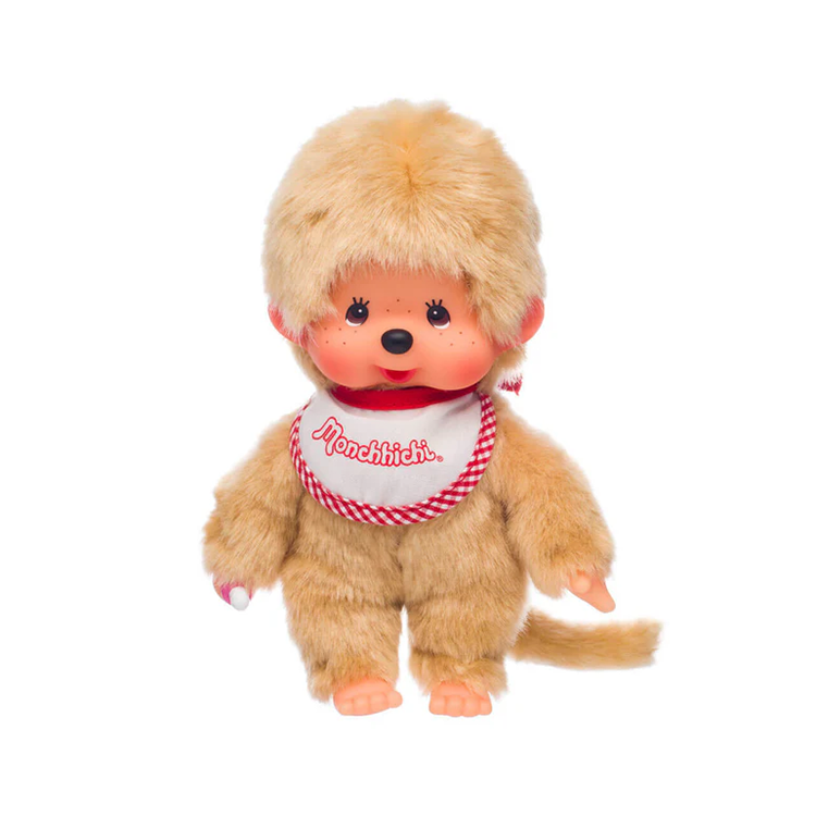 Sekiguchi Monchhichi Boy 8 inch beige fur plush monkey with red and white bib in branded packaging