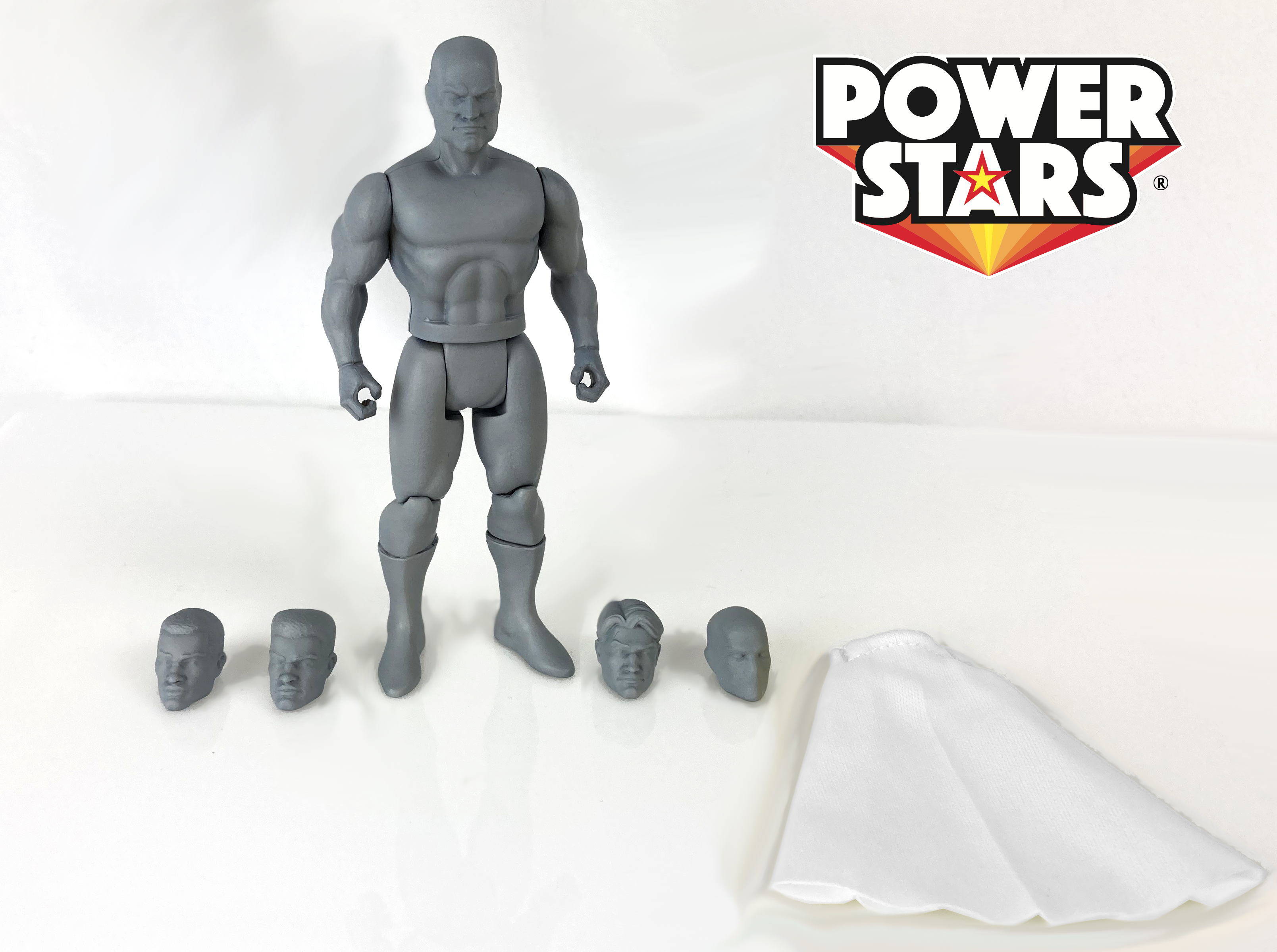 Boss Fight Studio Llc Power Stars 5-inch gray blank male action figure with five interchangeable heads and white cape