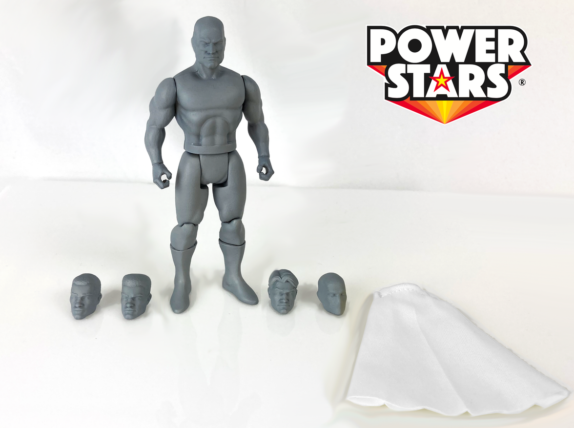 Boss Fight Studio Llc Power Stars 5-inch gray blank male action figure with five interchangeable heads and white cape
