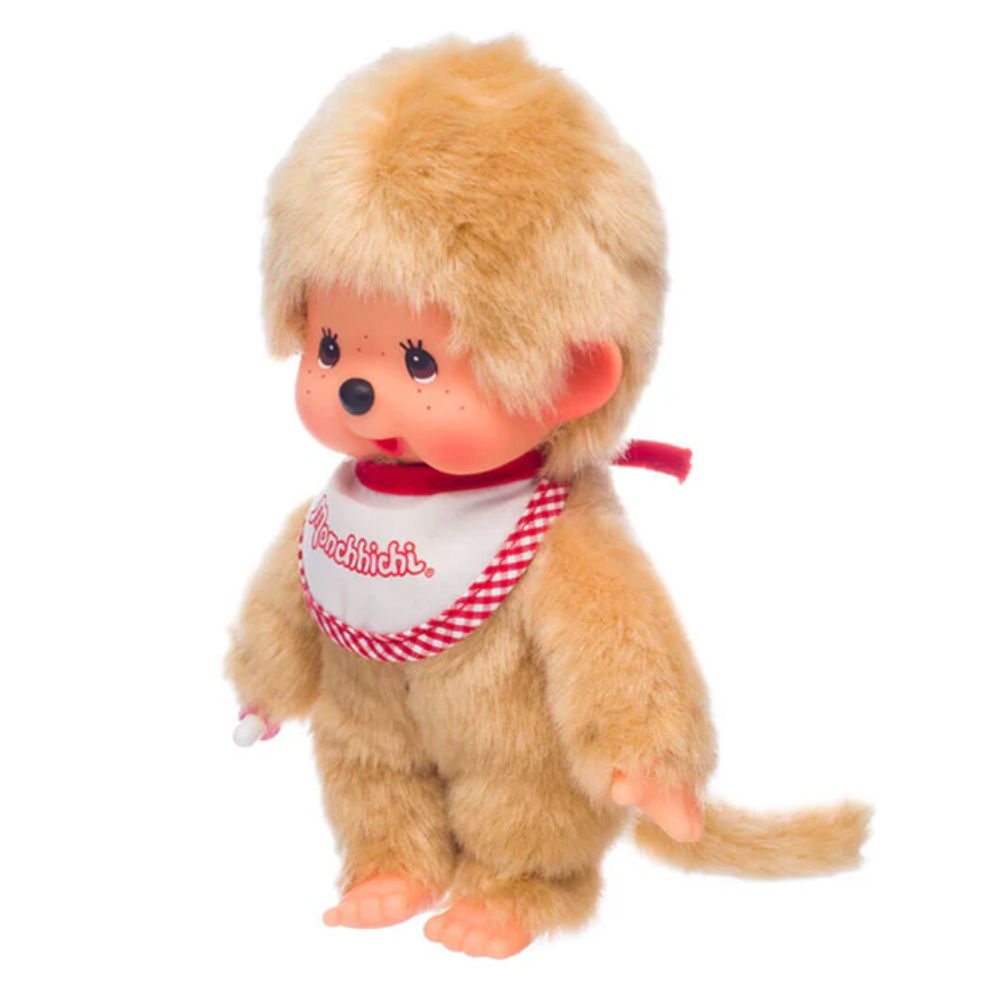Sekiguchi Monchhichi Boy 8 inch beige fur plush monkey with red and white bib in branded packaging