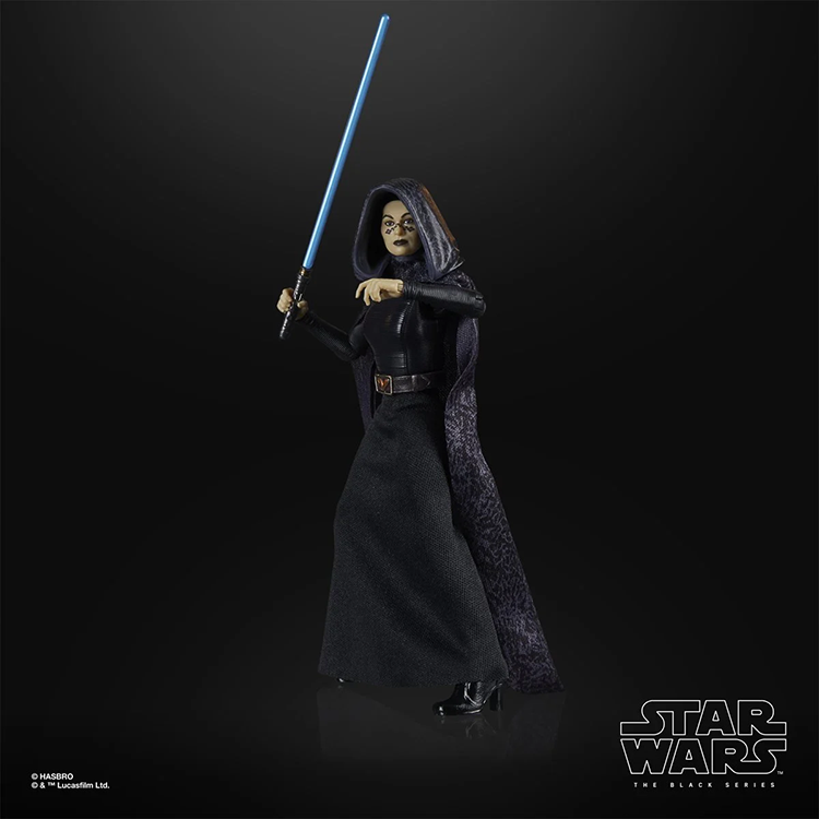 Hasbro Star Wars Black Series Barriss Offee 6-inch action figure with blue lightsaber and dark hooded robe