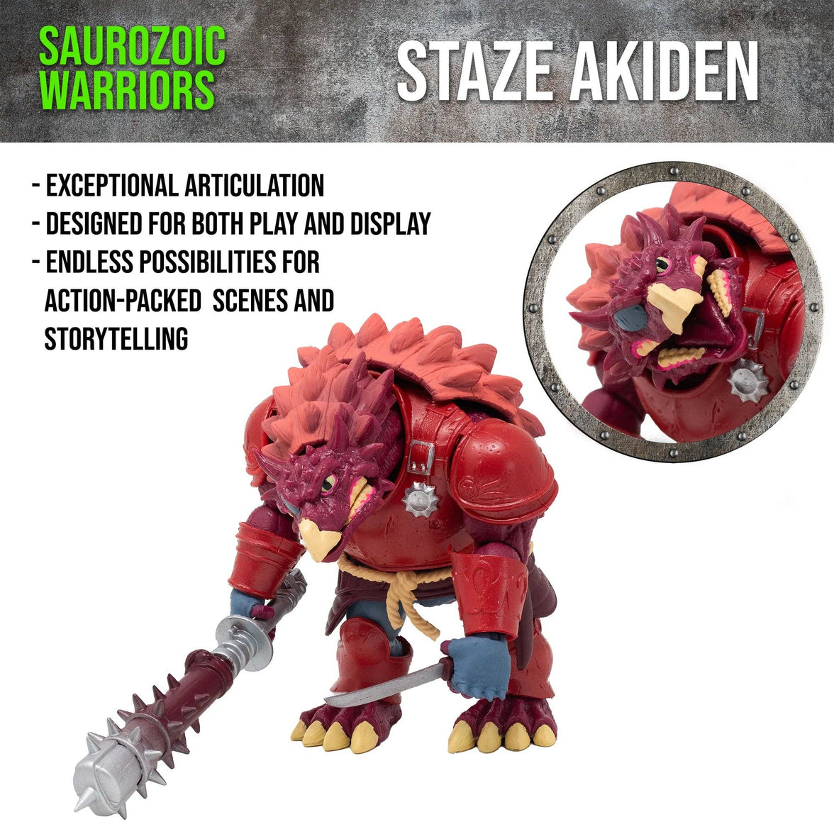 Staze Akiden Saurozoic Warriors action figure, a 1/12 scale Samurai Ankylosaur. The maroon-armored dinosaur warrior is shown in a Ronin-inspired outfit holding a large spiked club. 6-inch scale collectible by Boss Fight Studio.