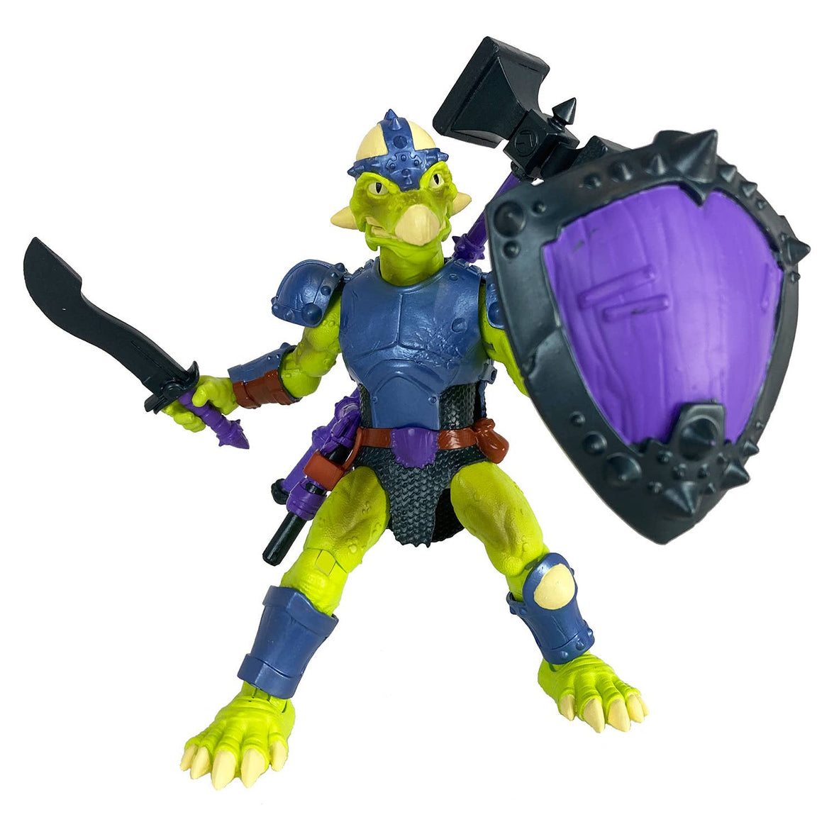 Articulated dinosaur warrior toy Seph Rasan in a charging pose with flintlock blaster and sword. Vibrant lime-green dinosaur soldier from the Saurozoic Warriors series.