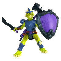 Articulated dinosaur warrior toy Seph Rasan in a charging pose with flintlock blaster and sword. Vibrant lime-green dinosaur soldier from the Saurozoic Warriors series.