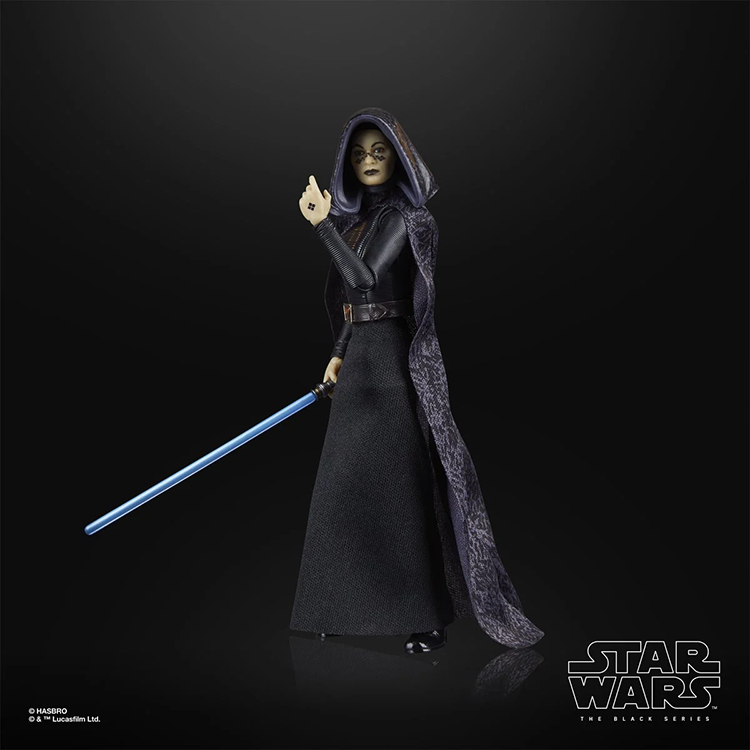 Hasbro Star Wars Black Series Barriss Offee 6-inch action figure in dark Jedi robe with blue lightsaber on black background