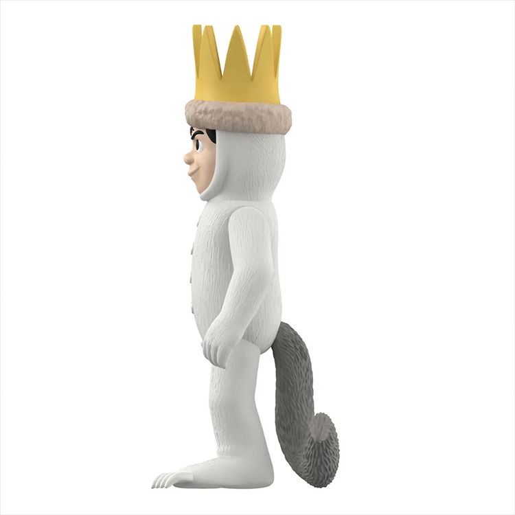 Side profile of Super7 Where the Wild Things Are Max Crowned King action figure in white costume with yellow crown and gray tail