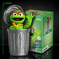 Blokees 5-inch Oscar the Grouch model kit from Sesame Street displayed in silver trash can with packaging box behind