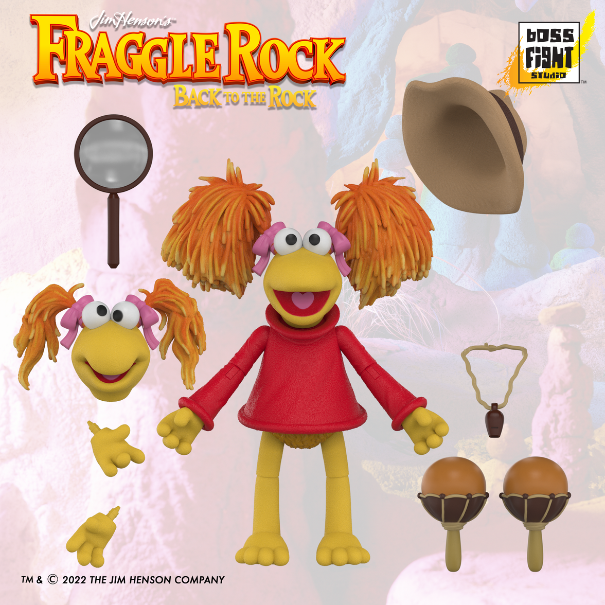 Boss Fight Studio Llc Fraggle Rock Red figure with orange pigtails, red shirt, magnifying glass, hat, and two bongo drums accessories