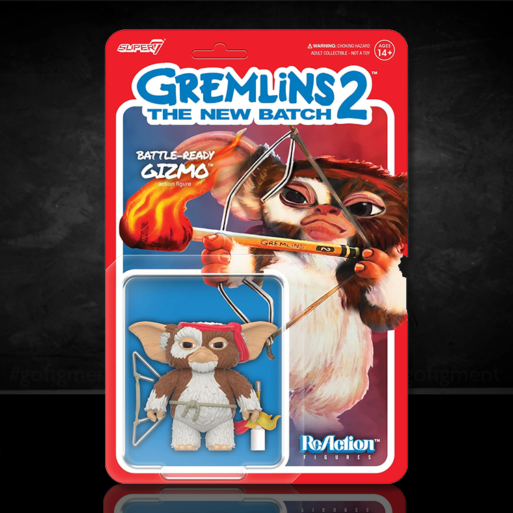 Super7 Gremlins 2 Battle Ready Gizmo action figure with bow and flaming arrow in original red packaging