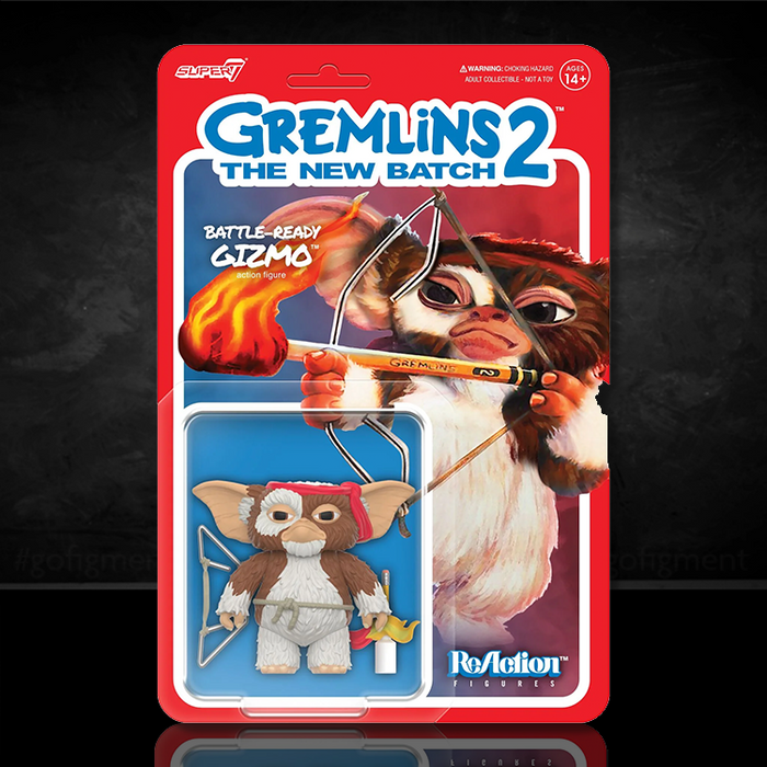 Super7 Gremlins 2 Battle Ready Gizmo action figure with bow and flaming arrow in original red packaging