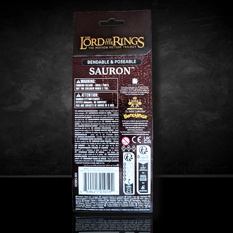 The Noble Collection Lord of the Rings Sauron BendyFig packaging back with warnings and product details on dark background