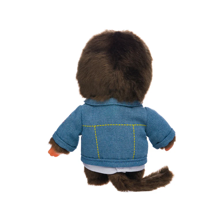 Official Sekiguchi 8-inch Monchhichi Boy doll wearing a miniature blue denim jacket, often searched as a Monchichi jean jacket plush.