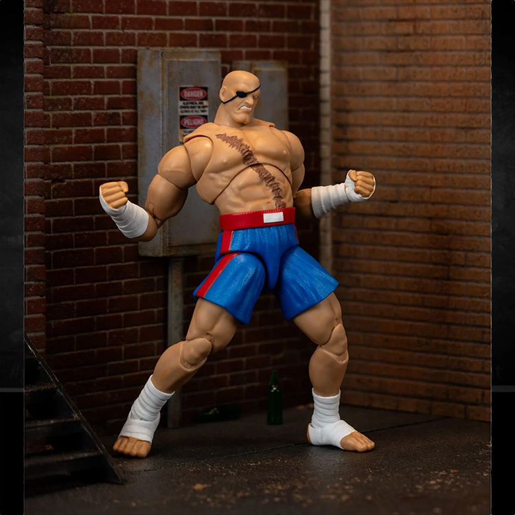 Jada Toys Ultra Street Fighter II Sagat deluxe action figure in fighting pose with blue shorts and bandaged hands