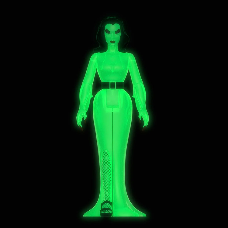 Super7 Vampira ReAction glow-in-the-dark 3.75-inch action figure with black hair and green glowing dress