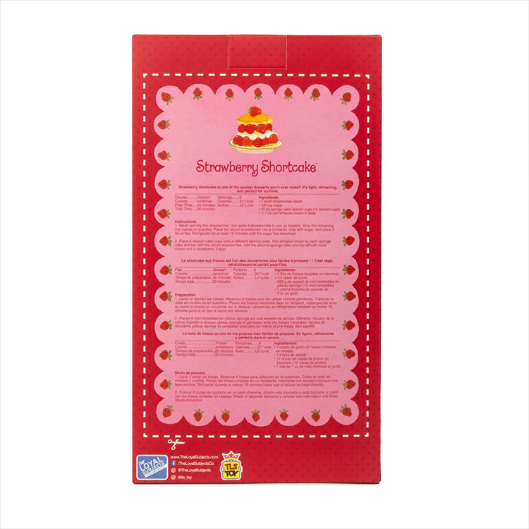 Back of red and pink Strawberry Shortcake plush doll box with cake illustration and multilingual text by Loyal Subjects