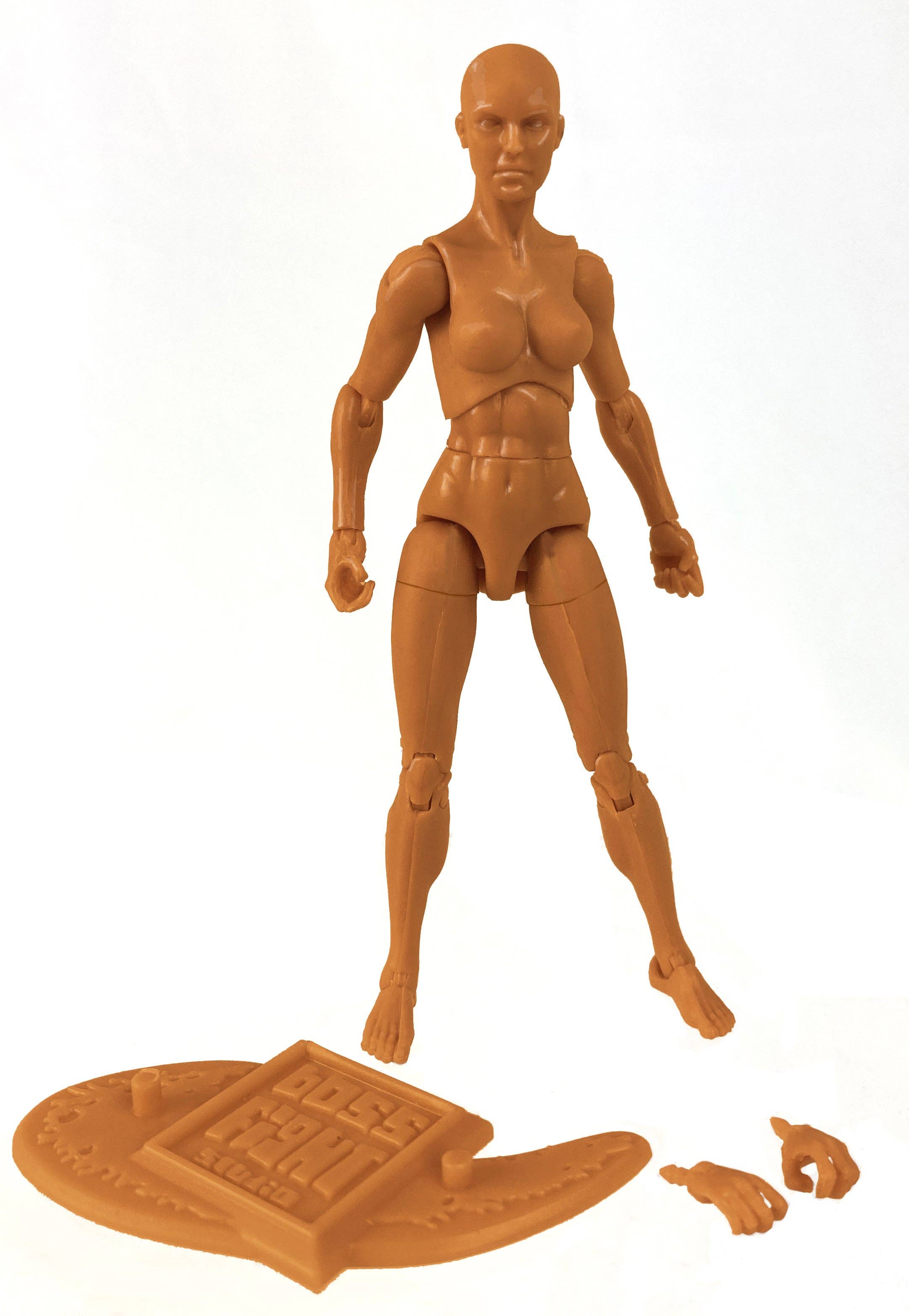 Unpainted articulated female figure with sculpted muscular details, extra hands, and a unique display base on white background