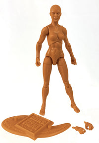 Unpainted articulated female figure with sculpted muscular details, extra hands, and a unique display base on white background