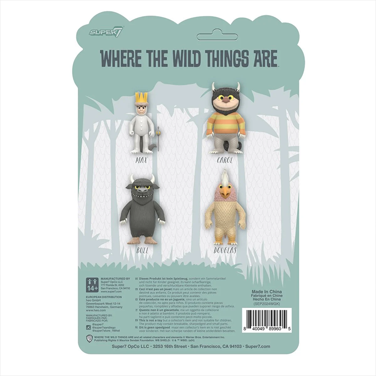 Super7 Where the Wild Things Are character figure set packaging featuring Max, Carol, Bull, and Douglas designs