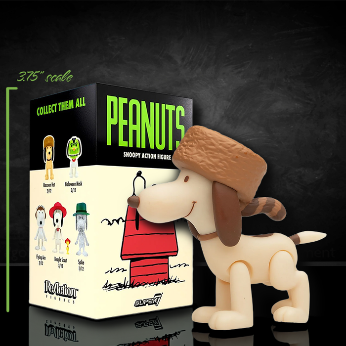 Super7 Peanuts Snoopy action figure in raccoon hat standing next to box with character lineup and 3.75 inch scale label