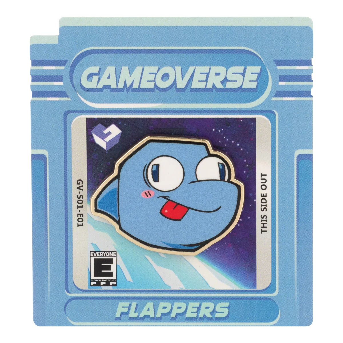 Flappers Pin – Gameoverse Glitch Productions Enamel Collectible new loose enamel pin on retro blue game cartridge card by Glitch