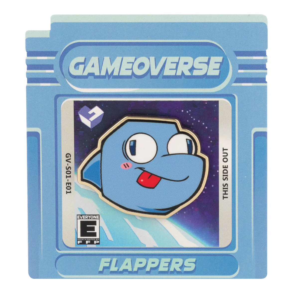 Flappers Pin – Gameoverse Glitch Productions Enamel Collectible new loose enamel pin on retro blue game cartridge card by Glitch